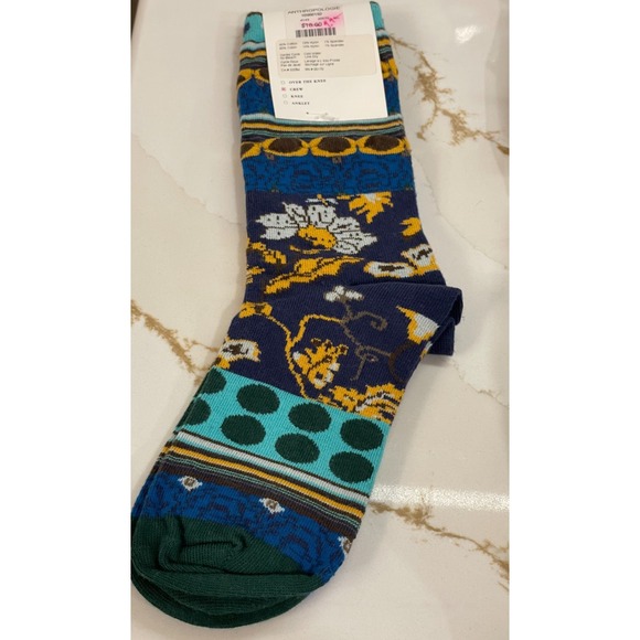 Eloise Anthropologie Crew Socks Women One Size Floral Dot Blue Yellow Funky New - Picture 3 of 3